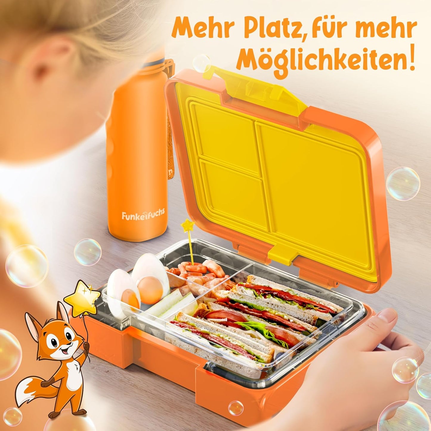 Funkelfuchs® - Lunchbox kinderen met vakjes - 500ml, oranje - Lunchbox ster, klein - Snackbox, snackbox, broodtrommel, maaltijdbox, bentobox kinderen - voor school, kleuterschool en kinderdagverblijf