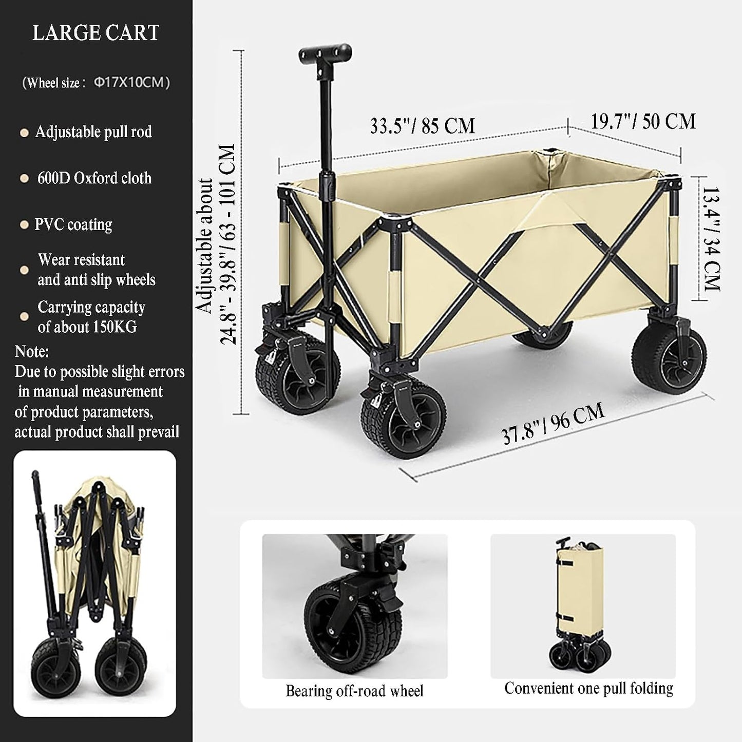 Beige Opvouwbare Bolderkar 150 L - 150 kg - All-Terrain Wielen - Verstelbaar Handvat