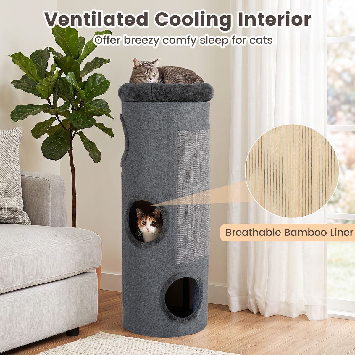 Coast Vierlaags Kattenhuis - tonvormig kattenmeubel - met sisal krabplank en pluchen bed - donkergrijs 43 x 43 x 113 cm