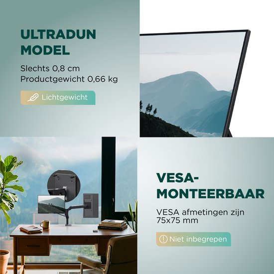 Remodius® Portable Monitor 16 Inch + Sleeve – Ultradunne 2.5K Draagbare Monitor – Reisdisplaybundel met Beschermhoes – USB-C & Mini HDMI – IPS Scherm, HDR, Ingebouwde Kickstand