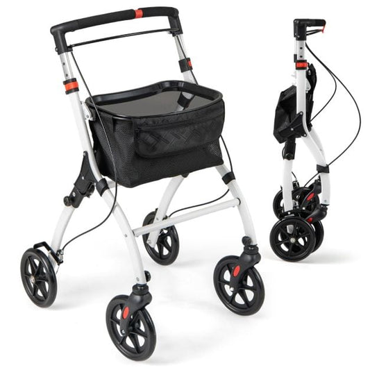 Coast Rollator Wit/Zwart – Smalle Opvouwbare Loopwagen met Dienblad, Mand en Remmen – 68 x 53 x 90-103 cm