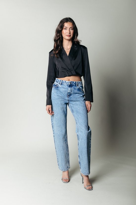 Colourful Rebel Jones - Strass Mid Rise Straight Leg Denim Broek - Blauw - Maat S - Stijlvolle Straight Fit Met Strass Steentjes