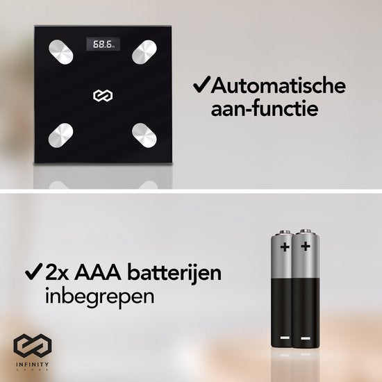 Infinity Goods Digitale Personenweegschaal met App - Smart Scale - Slimme Weegschaal Met Lichaamsanalyse - Zwart