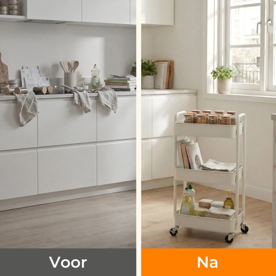Posity Keukentrolley op wieltjes – Serveerwagen / Opbergtrolley / Keukenrek / Trolley Keuken – Verrijdbaar en Vast – 3 Lagen – Kunststof – Wit