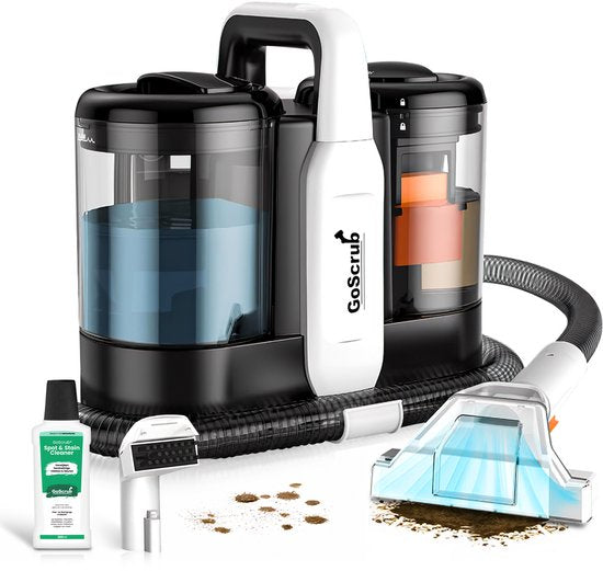 GoScrub Tapijtreiniger – Incl. Accessoires & Schoonmaakmiddel – 600 W – 18 x 35 x 30 cm – Zwart/Wit