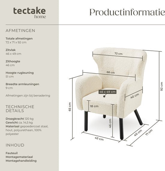 tectake® - Fauteuil Vänersborg - Dik gestoffeerde relaxstoel met bouclé-bekleding - Lounge stoel met brede armleuningen en ergonomische rugleuning - In hoogte vertelbare poten met vloerbescherming - Beige / crème