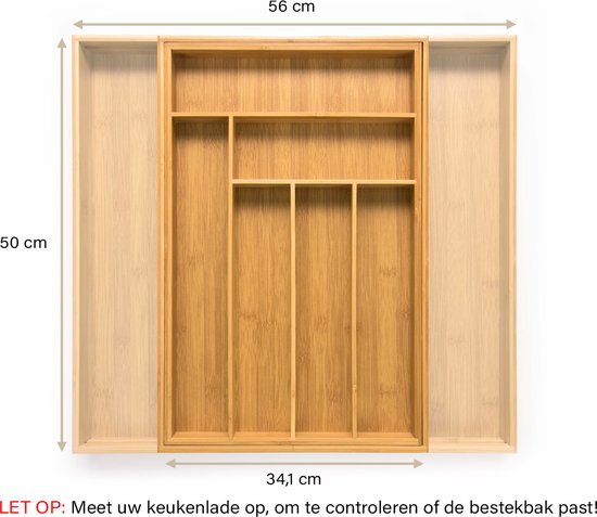 Budu Uitschuifbare Bamboe Bestekbak #50 (50 cm diep) - Bestekcassette Hout - Besteklade - 50 x 34,1 - 56 cm - 6/8 vakken