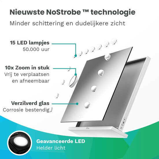 Mirlux Hollywood Spiegel 58x48CM – Bluetooth Spiegel met 2 Luidsprekers – Make Up Spiegel met Verlichting – 15x LED Lampen – 3 Lichtstanden – 10x Vergroting – Hollywood Spiegel met USB & USB-C – Luxe Witte Make-Up Spiegel voor Kaptafel of Badkamer
