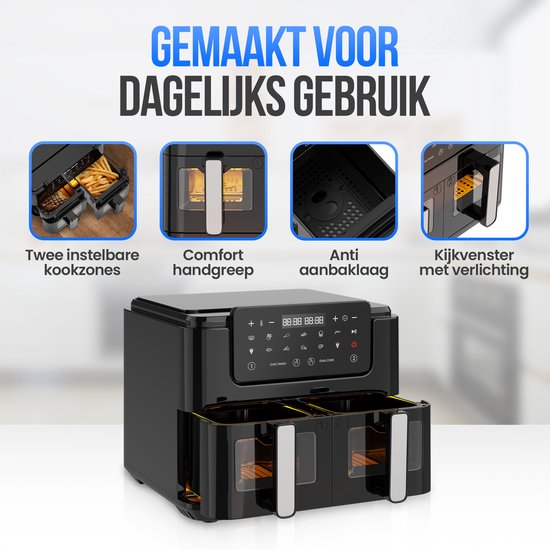 Strex Airfryer XXL - 10L - 2500W - Heteluchtfriteuse - Dubbele Airfryer - 50ºC tot 200ºC - 10 Kookprogramma's - Zwart