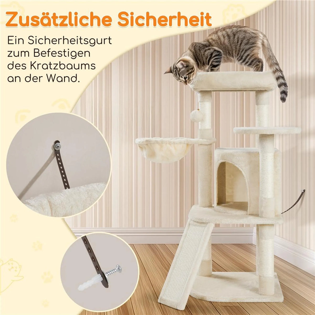 Yaheetech Krabpaal Middelgroot – 43,5 x 43,5 x 106 cm – Voorzien Van Royaal Uitkijkplatform En Hangmat En Kattenmand Met 5 Sisalpalen – Voor Kittens En Middelgrote Katten – Beige Pluche En Spaanplaat