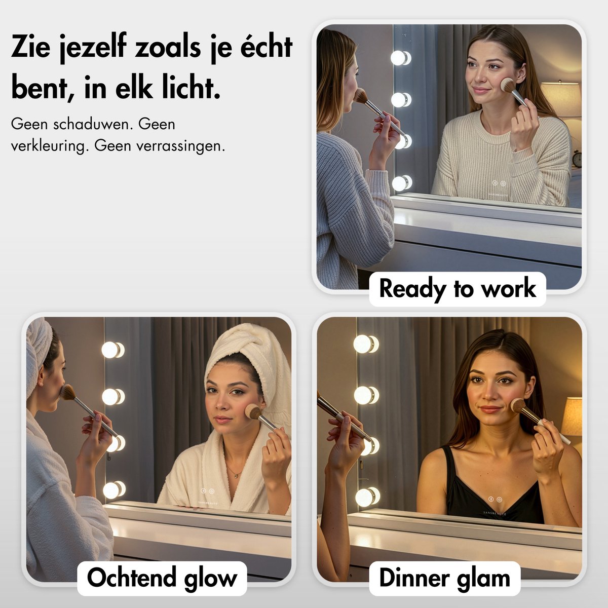 Sansbeauté® Hollywood Spiegel 58x43 cm - Make-up Spiegel - 15 LED Lampen - 10x Vergroting - Dimbaar - USB Oplaadpoort - Touch Control - Bluetooth - Wit