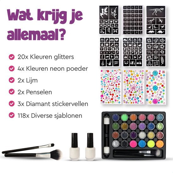 Partizzle Compleet Bio Glitter Tattoo Set - Meisjes / Jongens - Schmink Sjablonen, Lijm en Penselen - Gezicht Nep Neon Tattoos Knutselpakket - Carnaval Cadeau Knutselen voor Kinderen - 24 Kleuren / Biodegradable