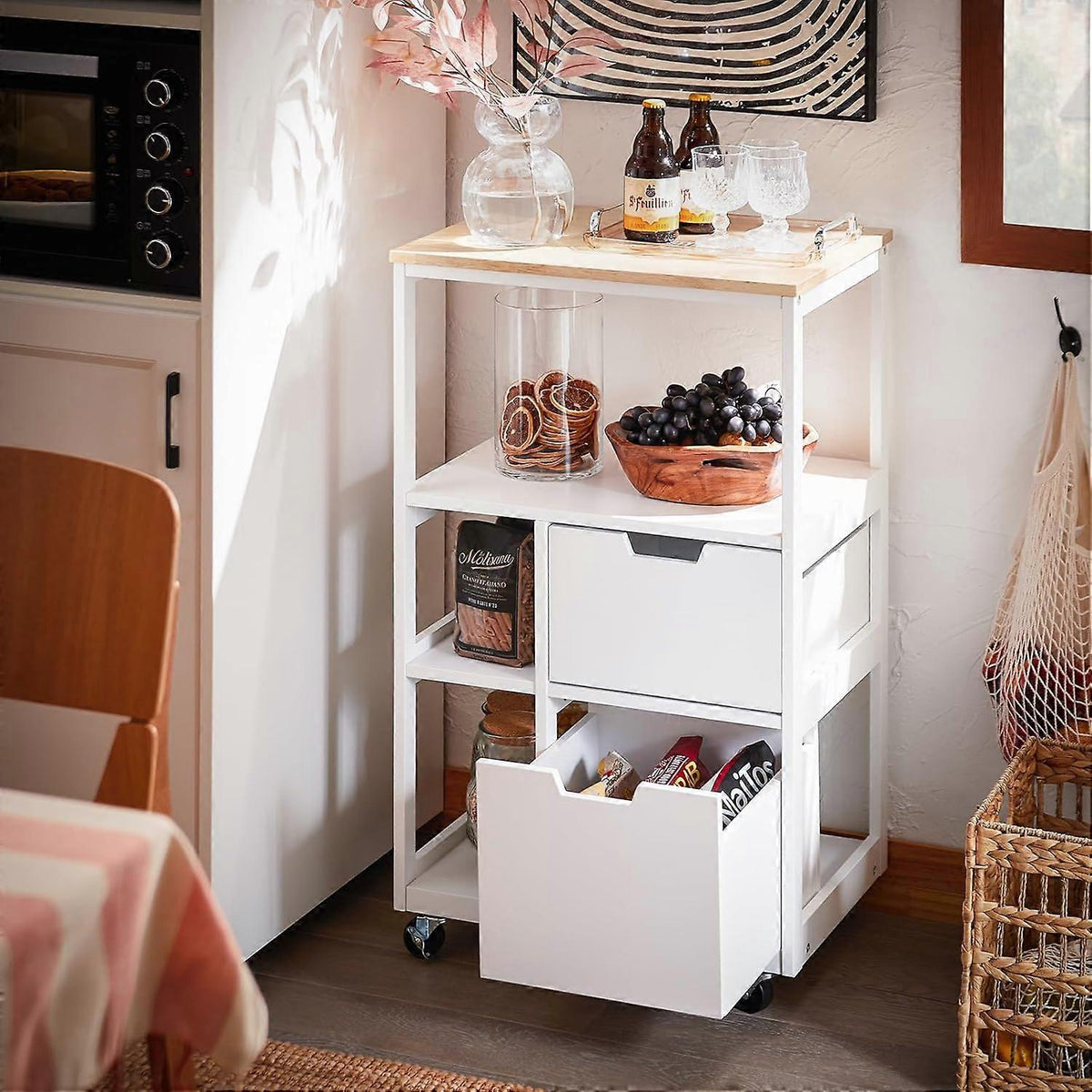 SoBuy Trolley - FKW111-WN - MDF & Rubberhout - Max. 42kg. - 53x37x89cm - Wit