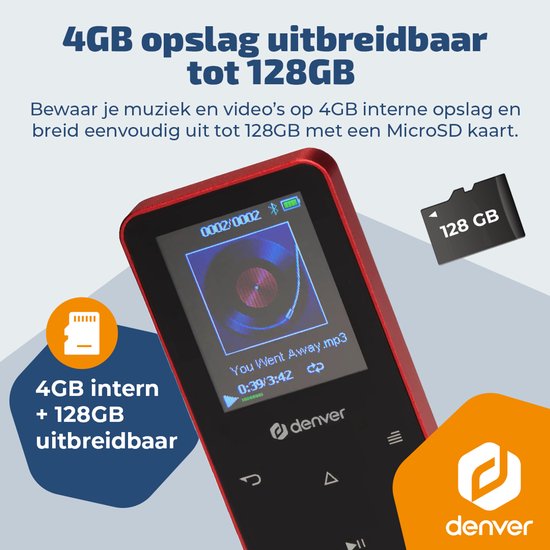 Denver MP3/MP4 Speler - Bluetooth - Shuffle/Herhalen - SD kaart tot 128GB - Incl. oordopjes - Dictafoon - MP1830R - Rood