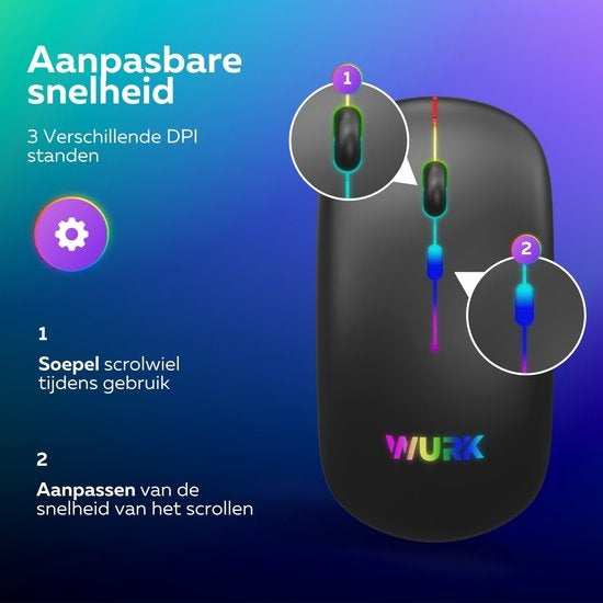 Wurk Draadloze RGB Muis – Oplaadbaar – Bluetooth 4.0 – 2.4GHz – USB – Draadloos – Computermuis – Laptop – PC – Zwart