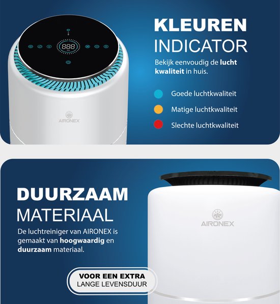 Aironex Luchtreiniger met HEPA filter - 40 m2 - Geschikt voor woonkamer, slaapkamer, kantoor, babykamer- Luchtkwaliteitsindicator - Werkt tegen huisstofmijt, hooikoorts, allergie, stof- Verwijdert 99,97%- Luchtreinigers - Air Purifier