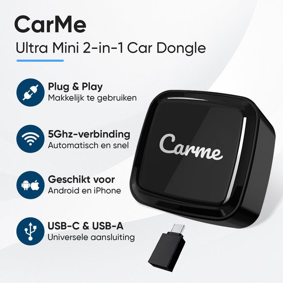 CarMe Ultra Mini 2-in-1 CarPlay Dongle - Draadloos CarPlay & Android Auto - USB-A & USB-C - Zwart