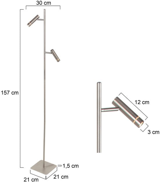 Vloerlamp Stalen Volari 4711ST 2-lichts met dim to warm LED - ideaal voor binnen gebruik, modern design, hoogte 157 cm, voetmaat 21 x 21 cm, draaibaar en kantelbaar