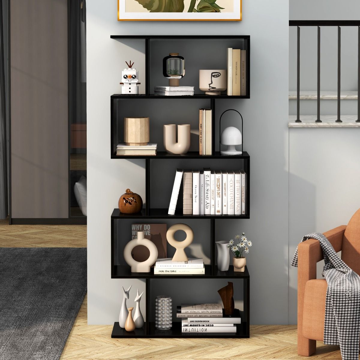 Coast Boekenkast S-vorm - 5 niveaus - anti-kantel opbergmeubel - zwart - 70 x 23,5 x 158 cm