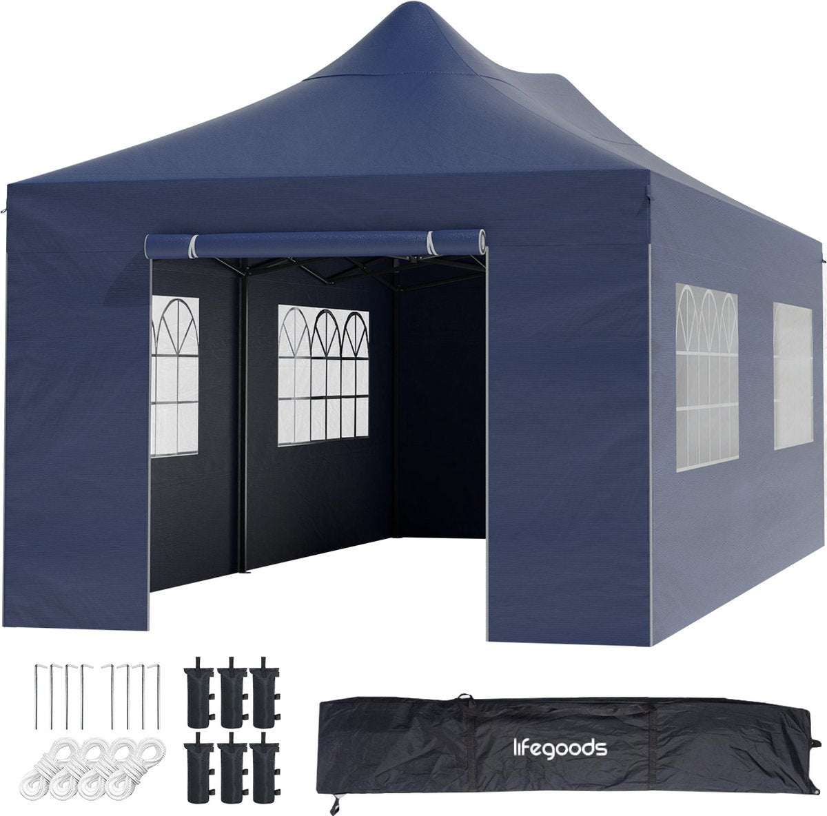 LifeGoods Partytent - Paviljoen - EasyUp - Opvouwbaar - 4 Zijwanden - Waterdicht - Met Draagtas met wieltjes - 300 x 600 cm - Donkerblauw
