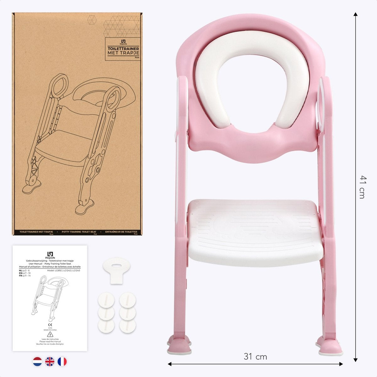 LifeGoods WC Verkleiner met Trapje - Toilettrainer met Opstapje - Potje peuter - 2 tot 7 Jaar - Roze/Wit