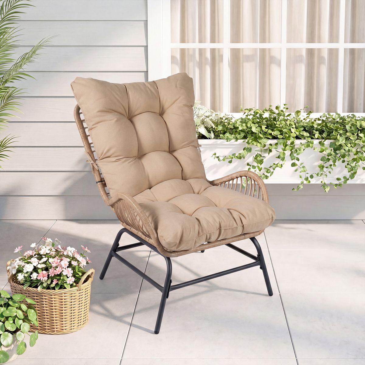 Coast Rotan tuinstoel - ergonomisch ontwerp - inclusief dik kussen - beige - 1 stuks