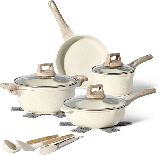 Just Perfecto 12 Delige Pannenset Inductie - Beige Pannenset Met Deksel Voor Gas en Inductie - PFAS vrij - Koudgrepen