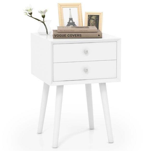 Nachtkastje Wit 40x40x59,5 cm – Houten Bijzettafel met 2 Laden en Verhoogde Poten – Coast