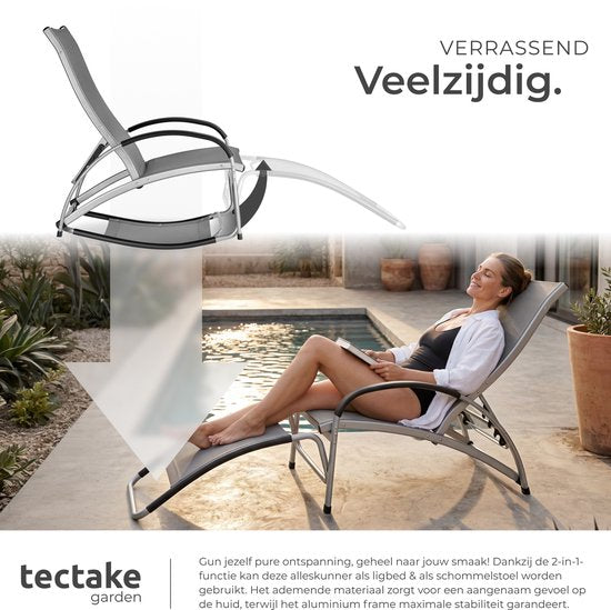 tectake® Ligbed Avignon - 2-in-1 verstelbare ligstoel - Schommelstoel voor buiten - Weerbestendig frame en waterafstotend, luchtdoorlatend weefsel - Tuinstoel - Balkonstoel - 195cm lang - Antraciet