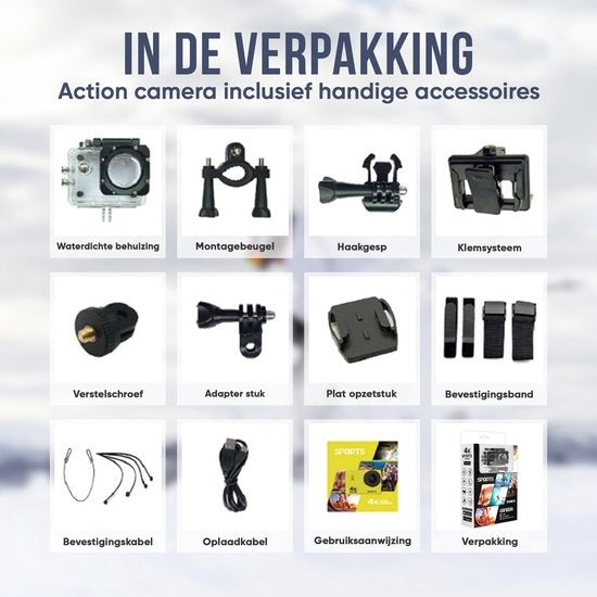 Strex Action Camera 4K 16MP - 60FPS / 30M Waterdicht / WiFi - Inclusief Accessoires - Actiecamera - Onderwatercamera