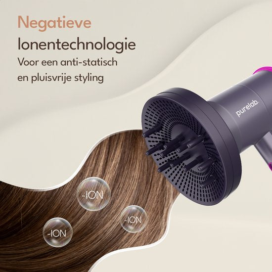 Purelab Föhn met Diffuser 2000W - Ionische Haardroger met Coolshot Technologie - Hair Dryer met 3 Standen - Krullen - Haarföhn Zwart