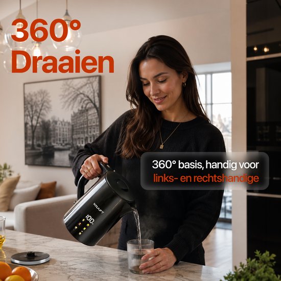 KRAFT Waterkoker met Temperatuurregeling - 1,7 Liter - LED Touch - Zwart - 2200W
