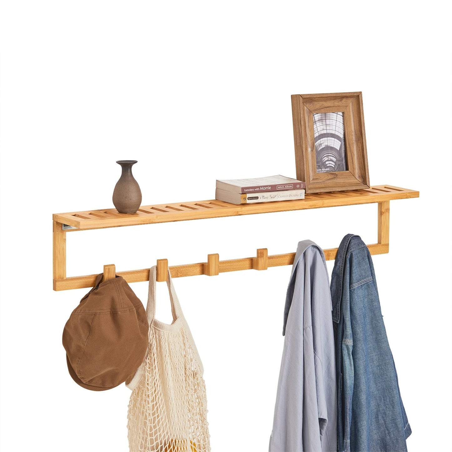 SoBuy FHK06-N Kapstok met Wandplank - 6 Haken - 90x12,5x16,5 cm - Bamboe