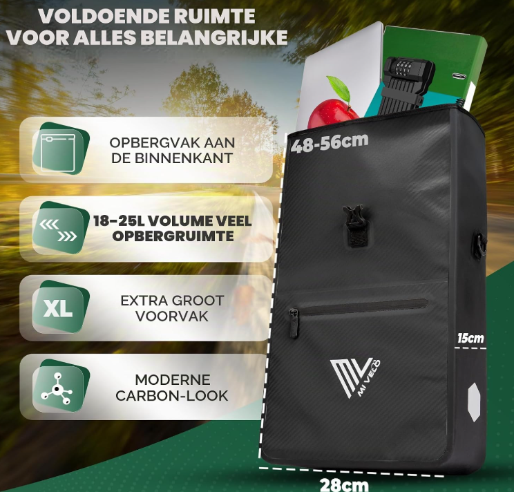 MIVELO 2-in-1 Fietstas voor Bagagedrager - Zwart Carbon - 25 Liter - Waterdicht, Quick-Connect