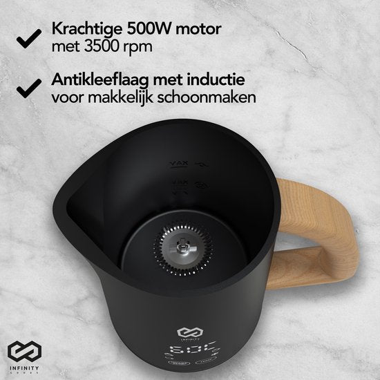 Infinity Goods Melkopschuimer - Elektrisch - 4 Functies - 500ML - Melkschuimer - Verwarmen - Antikleeflaag - Zwart
