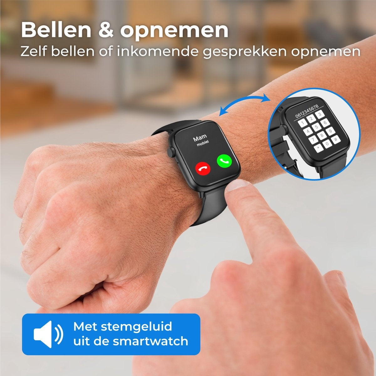 Nuvance - Smartwatch Heren & Dames met Bluetooth - 45mm - Geschikt voor alle Smartphones - Stappenteller en Hartslagmeter - Waterdicht - Zwart