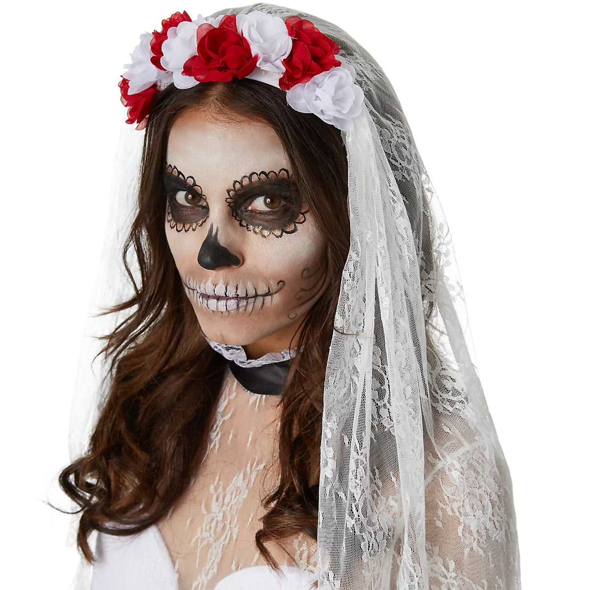 DressForFun Enge Skelet Bruid Kostuum Dames – Voorzien Van Kanten Opstaande Kraag En Gevoerde Cups En Sluiersluier – Voor Halloween En Carnaval – Zwart En Wit Polyester – Maat S