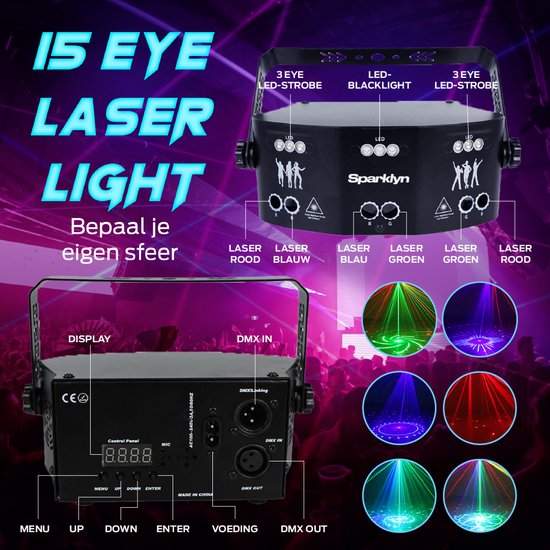 Sparklyn Professionele Disco Laser met 15 Eyes - 120 lichtcombinaties - Afstandsbediening - DMX Bestuurbaar - Discolamp - Zwart