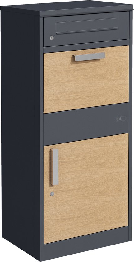 AXI Levi Pakketbrievenbus van Metaal Antraciet/Houtlook – Pakketbox voor meerdere pakketjes – Inclusief slot en apart vak voor post – 50,6 x 38,3 x 112 cm