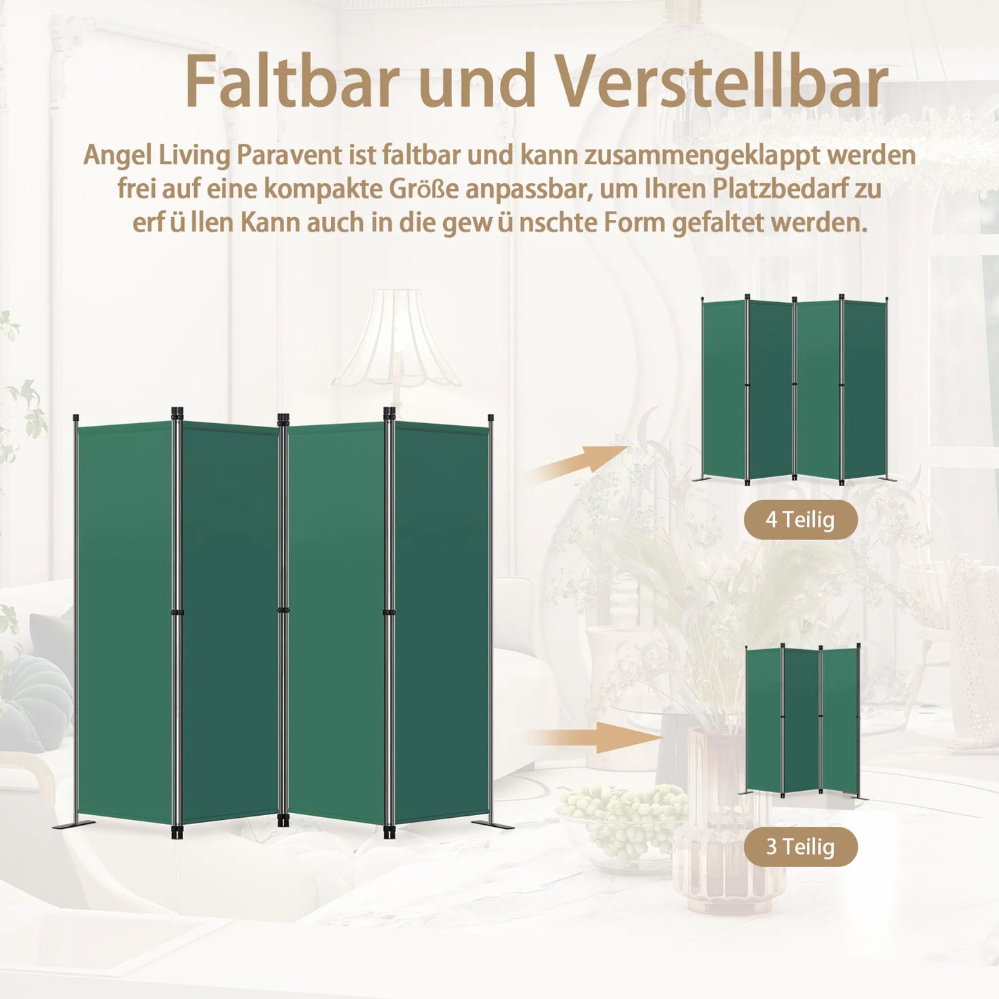 Angel Living - 4 delig vouwscherm - kamerscherm privacy scherm - staal en polyester - groen