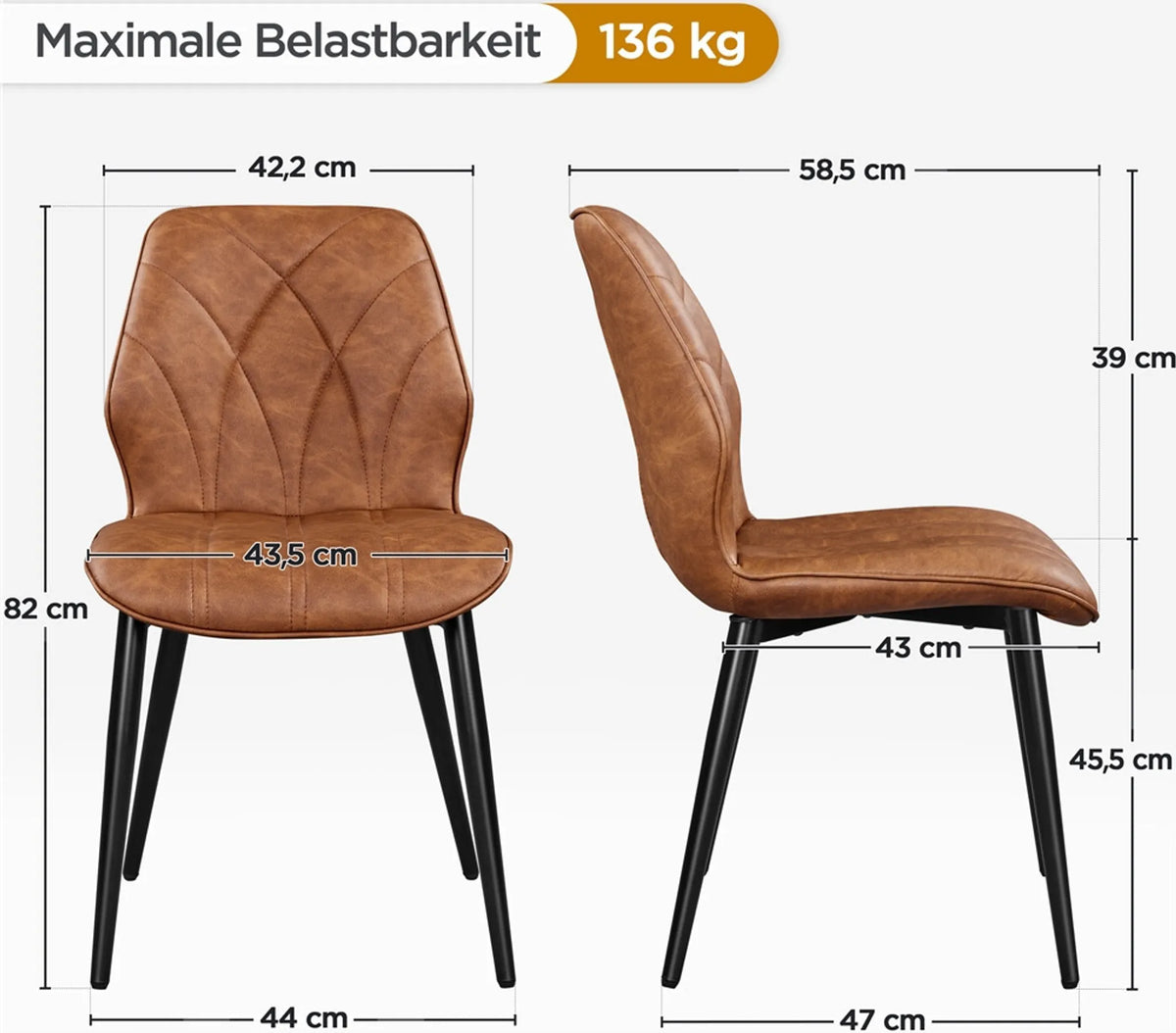 Eetkamerstoelen Set van 2 met Hoge Rugleuning en Metalen Poten Kunstleer Roestbruin