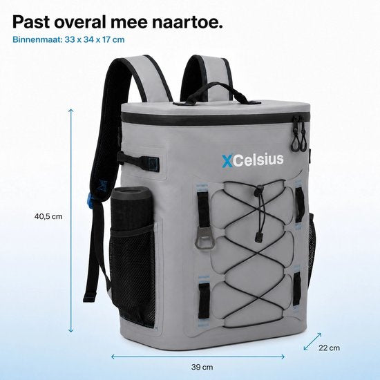XCelsius® Koeltas Rugzak 20 Liter – Koelrugzak met 2 Koelelementen en Flessenopener – Minstens 24 Uur Koel – 100% Waterdicht – Koelrugtas voor Strand, Festival, Boot en Camping – Grijs