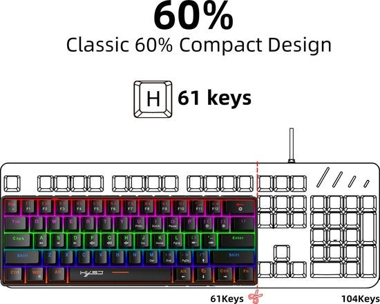 HXSJ V900 Bedrade Mechanisch Gaming Toetsenbord - RGB Verlichting - QWERTY - 61 Keys - Blue Switch - Zwart