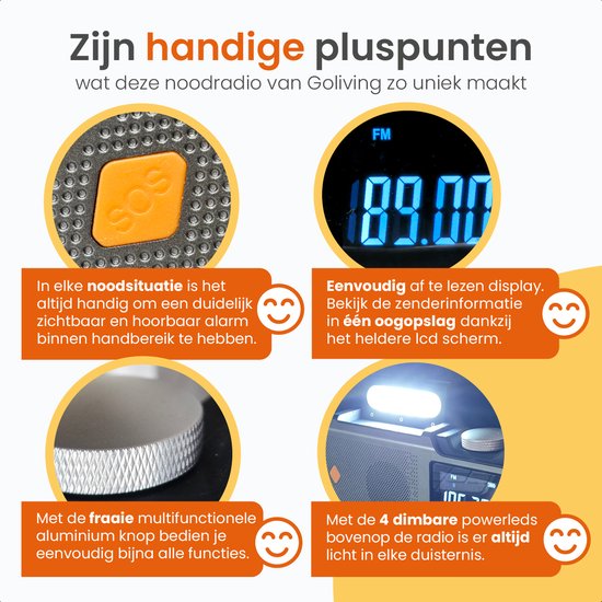 Goliving Noodradio - 17 x 9 x 4 cm - Draagbare Radio - Powerbank Zonneenergie Solar Opwindbaar - Zaklamp Oplaadbaar - Digitale Wekker - Bluetooth - 10000 mAH - 80 dB - Zwart