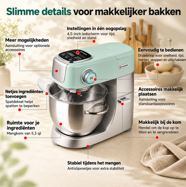 HAUSWIRT M5 Keukenmachine - 600 W - 11 Snelheden - 5 Voorinstellingen - LED-touchscreen - Turkooisgroen