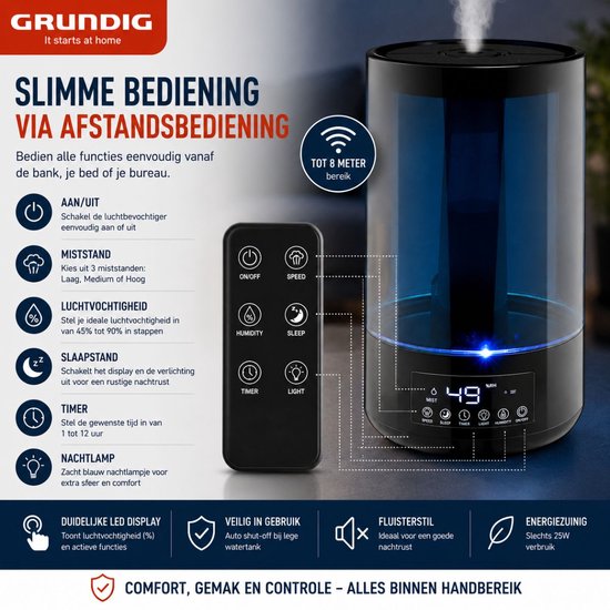 Grundig Luchtbevochtiger HD-1903A - Ultrasone Lucht Bevochtiger 4,3L - met Timer en Nachtlamp - Incl. Afstandsbediening - Zwart