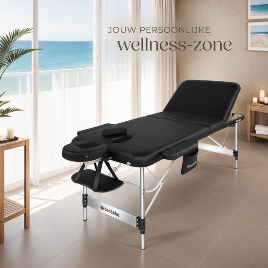 tectake® 3 Zones massagetafel - Behandeltafel incl. draagtas - 5 cm dikke vulling - Aluminium frame - 78 cm breed - 230kg draagvermogen - Incl. 15 hoofdsteundoekjes - Zwart