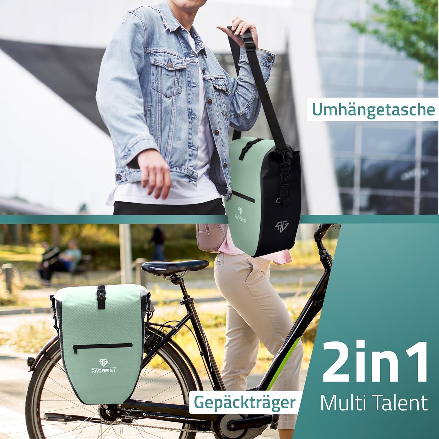 RADGEIST fietstas voor bagagedrager set - 2X tas voor fietsbagagedrager - bagagedraagtas waterdicht & schoudertas - fietstas met reflectoren