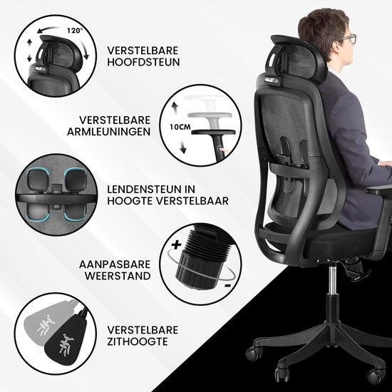 Bayt Ergonomische Bureaustoel - Office chair - Bureaustoel - Bureaustoel Volwassenen - Kantoorstoel - Verstelbaar - Hoofdsteun - Zwart