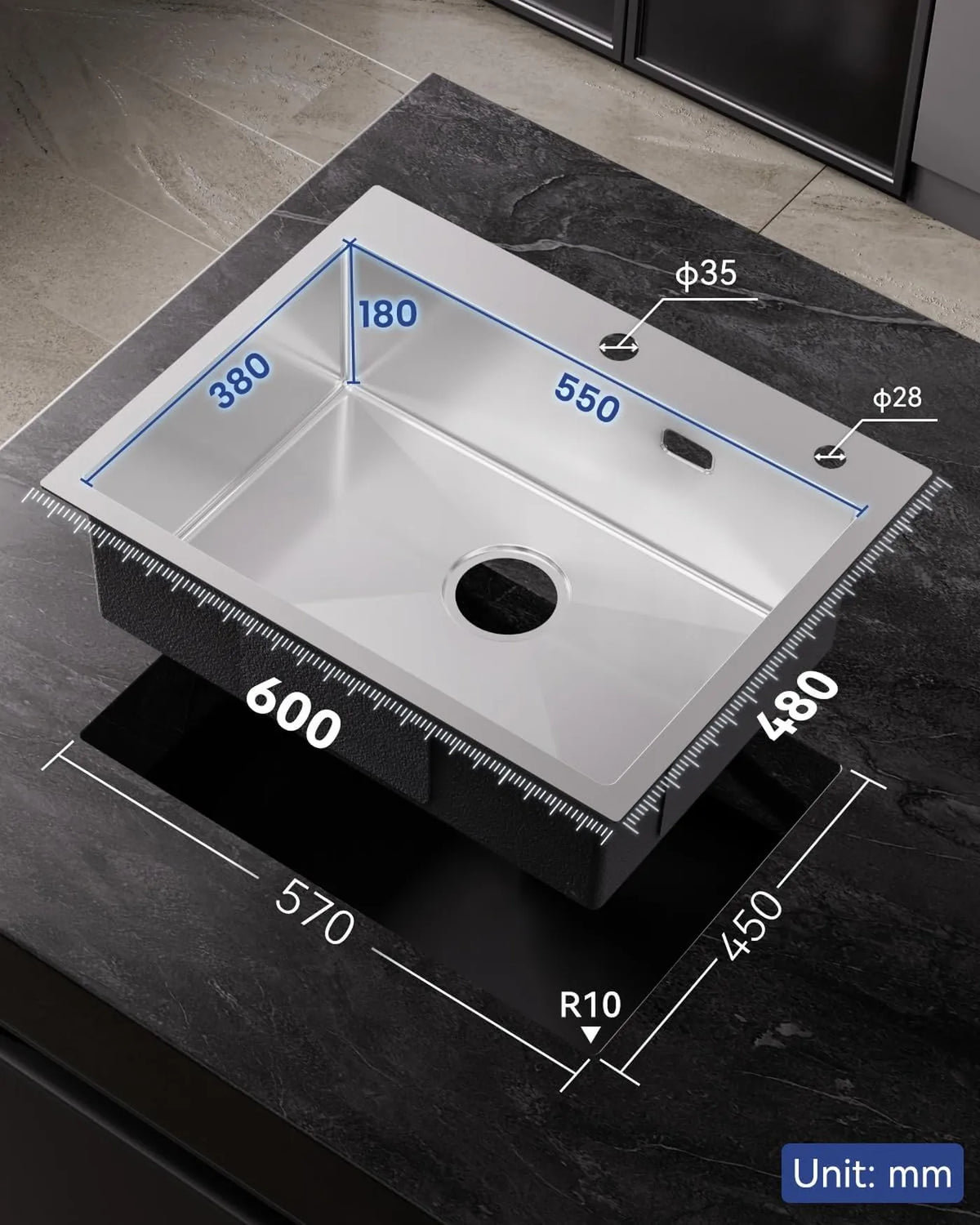 Sofetiy Spoelbak RVS 60 x 48 cm - Enkele Kom met Sifon - Geluiddempend en Extra Dik 3 mm - Geborsteld RVS